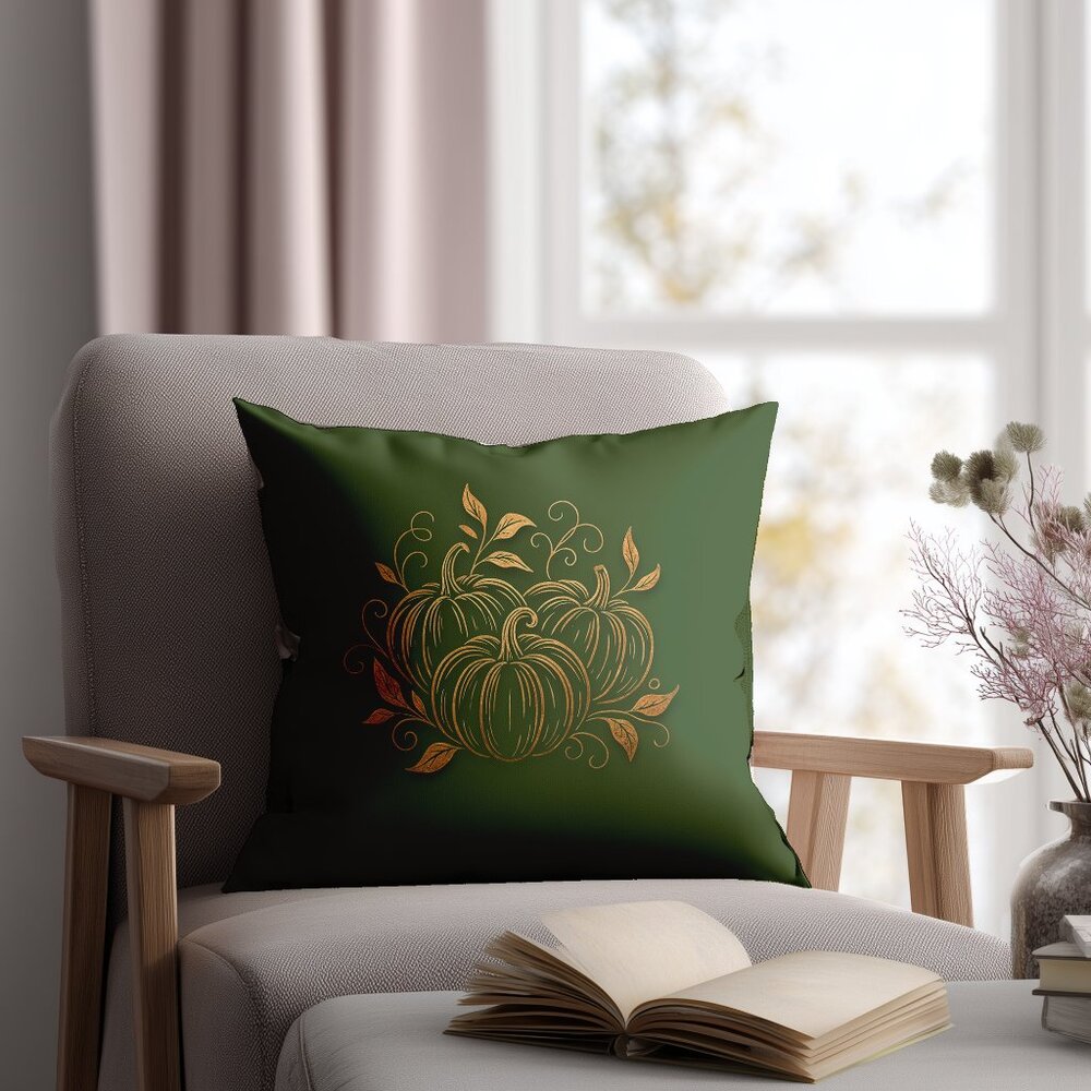 Autumn Pumpkin Floral Square Pillowcase - Green - Picture 3 of 8